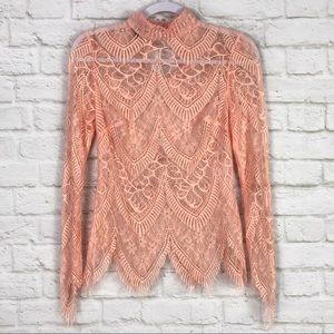 Bebe Mock Neck Mixed Lace Whimsical Pink Blouse XS